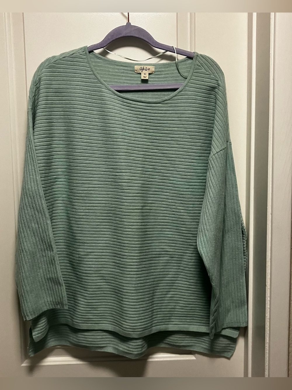 Style & Co Ribbed Knit Sweater XL Mint Green Pullover High Low Hem Soft Cozy